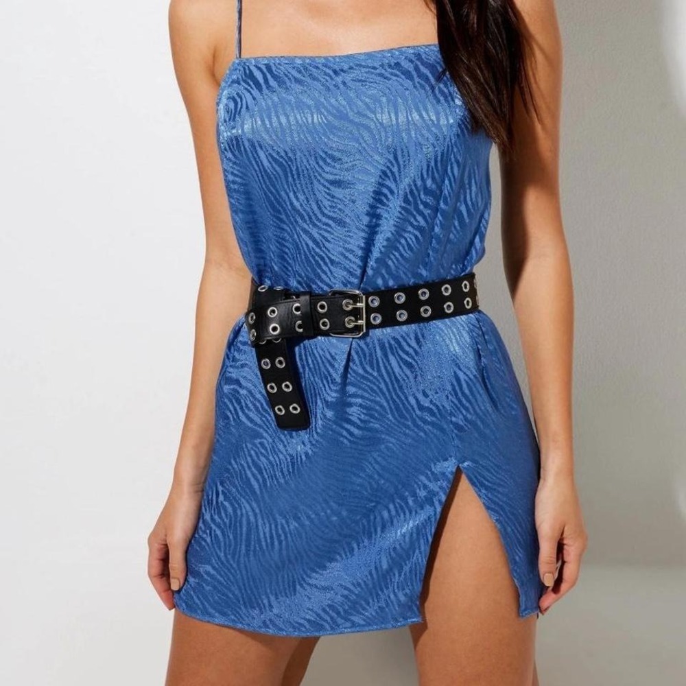 Blue satin going out mini dress with animal print. L